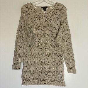 Yarn Works Petite Sweater Womens PM Tan Open Knit Floral Lace Boho Tunic Y2K Fun